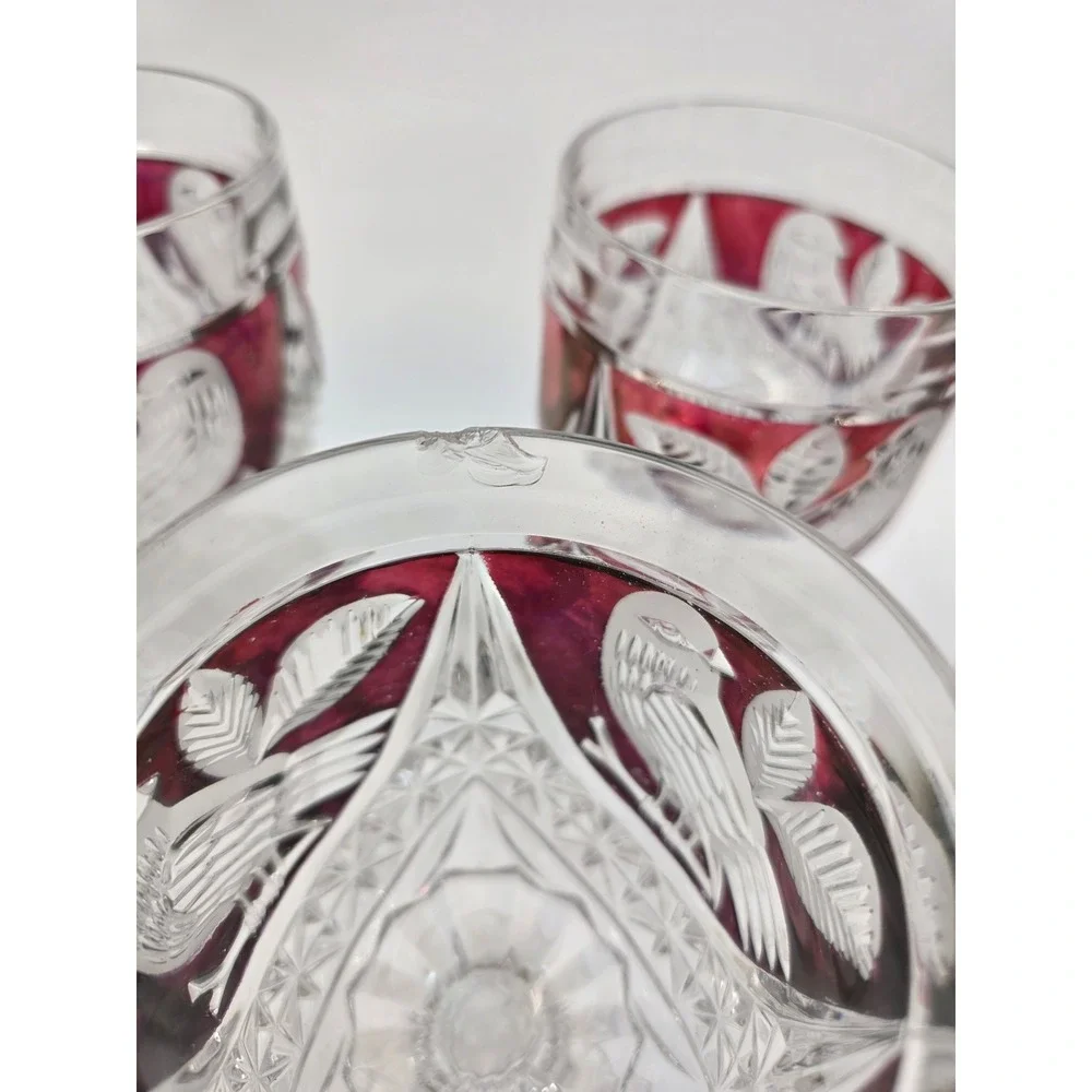 Vintage Bohemian Ruby Red Cut to Clear Crystal Wine Goblets Etched Bird Set of 6